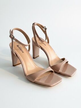 Beige Nude Heels Square Toe Ankle Strap Chunky Heel Size 7 New